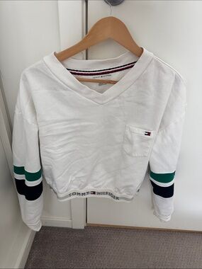 Tommy Hilfiger White Pullover with Green & Navy Sleeve Stripes
